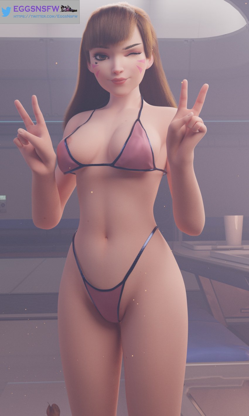 1girls 3d asian asian_female belly belly_button bikini blizzard_entertainment breasts brown_hair curvy curvy_figure d.va eggsnsfw female hana_song nipple nipple_slip nipples overwatch overwatch_2 pussy_peek solo thighs underboob victory_pose wink winking_at_viewer