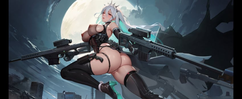 aeons_echo antares_(aeons_echo) big_breasts big_butt gun nipples_visible_through_clothing nutaku official_art screencap screenshot showing_pussy video_game