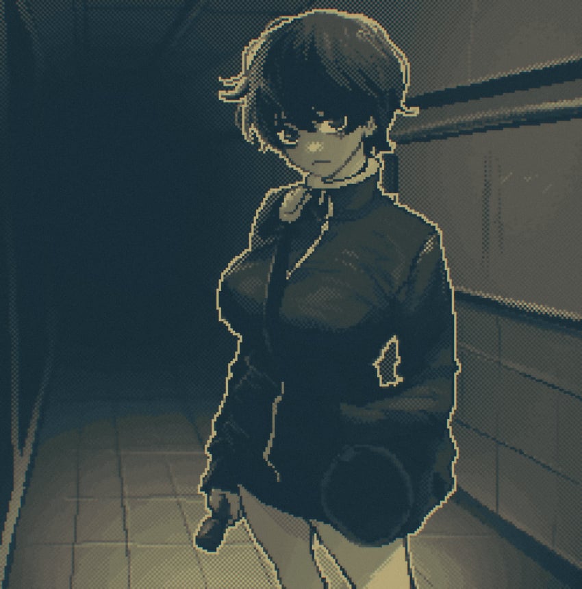 big_breasts black_eyes breasts character_request detailed_background duffel_bag flashlight fog horror horror_(theme) not_porn original pixel_art short_hair shorts spoiledmuffin thighs tomboy track_jacket wavy_hair zipper