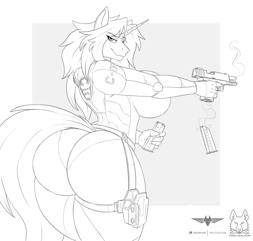 ass belly big_ass big_breasts big_butt black_and_white breasts furry gun magazine_(gun) solo solo_female tacticalfur