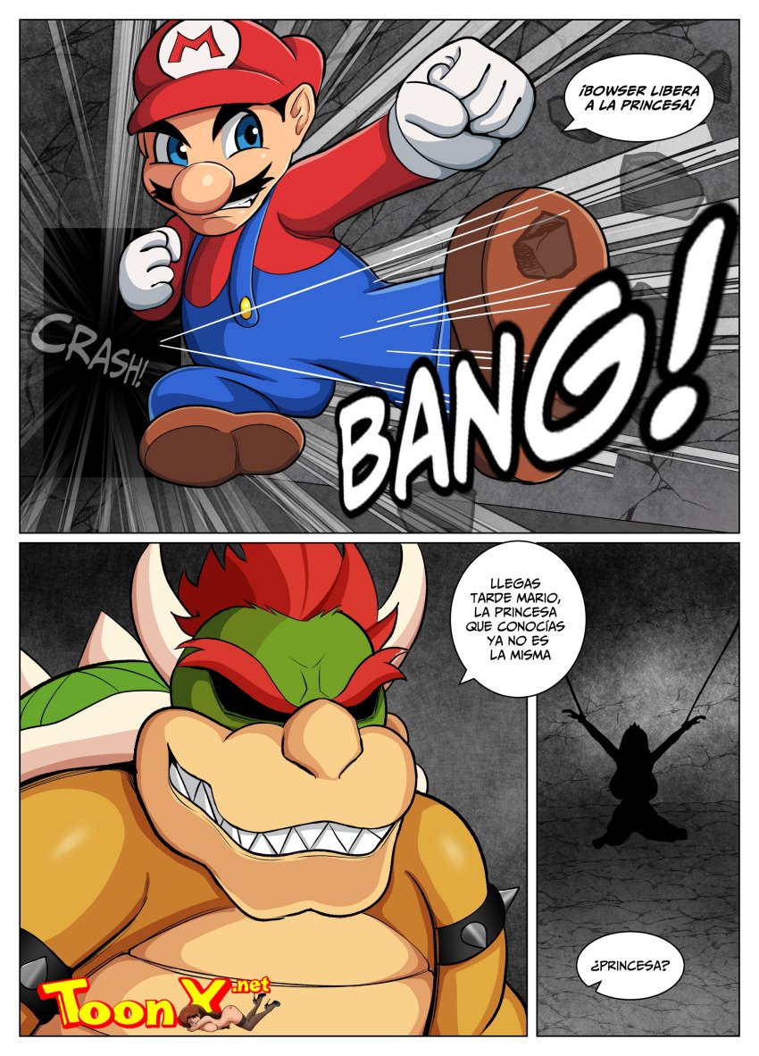 1girls 2boys after_rape armlet arms_up bad_end black_hair blue_eyes bowser cap cheating cheating_girlfriend clothed comic comic_page crown cuckold dubious_consent facial_hair female gloves horns male mario mario_(series) mind_break mindbreak netorare nintendo ntr page_8 princess_peach red_hair sharp_teeth shell silhouette spanish_text spiked_armlet spiked_shell spikes taisukiart tied_hands vercomicsporno