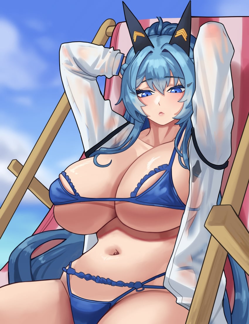 arapanchi arms_behind_head beach_chair bikini bikini_under_clothes blue_bikini blue_eyes blue_hair braid breasts closed_mouth day female frown gloves goddess_of_victory:_nikke hair_intakes headgear helm_(aqua_marine)_(nikke) helm_(nikke) huge_breasts light_blush long_hair looking_at_viewer official_alternate_costume outdoors ponytail see-through see-through_shirt shirt sitting solo swimsuit wet wet_clothes wet_shirt white_gloves white_shirt