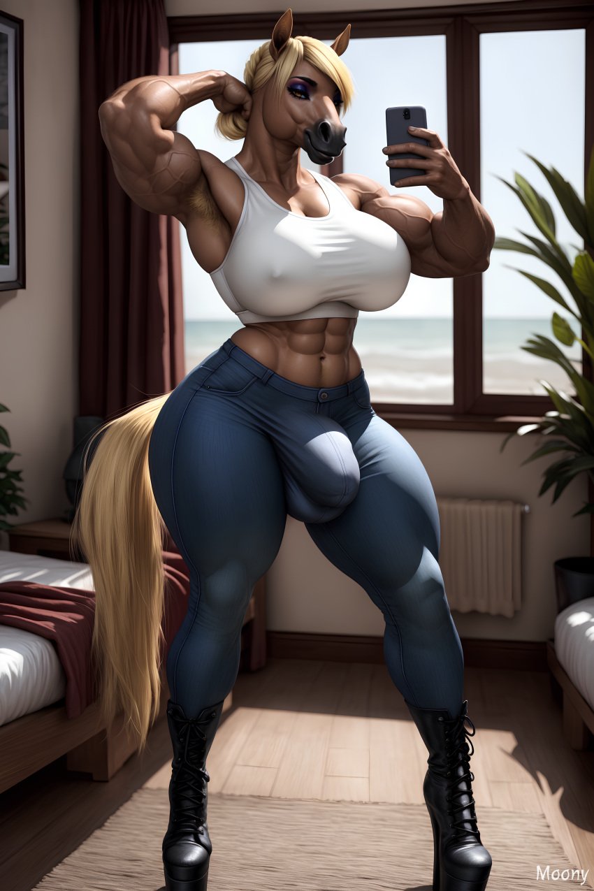 abs absurd_res ai_generated amber_eyes animal_genitalia anthro armpit_hair armpit_showing balls beach bed bedroom bedroom_eyes big_balls big_biceps big_breasts big_sheath blonde_hair body_hair bottomwear breasts brown_body brown_fur bulge cellphone clothing crop_top curvaceous curvy_figure denim denim_clothing equid equine female footwear fur furniture furry furry_only futanari genital_outline genitals gynomorph hair hands_behind_head herm hi_res holding_object holding_phone huge_breasts inside intersex jeans looking_at_viewer makeup mammal midriff mobile_phone moony3234 muscular muscular_anthro muscular_arms muscular_legs muscular_thighs narrowed_eyes navel nipple_outline nipples pants phone plant plant_pot platform_footwear platform_shoes potted_plant seaside seductive sheath sheath_outline shirt shoes smile smirk solo solo_focus solo_gynomorph stable_diffusion standing tank_top thick_arms thick_thighs tight_clothing tight_topwear topwear veiny_biceps veiny_muscles voluptuous watermark wide_hips window