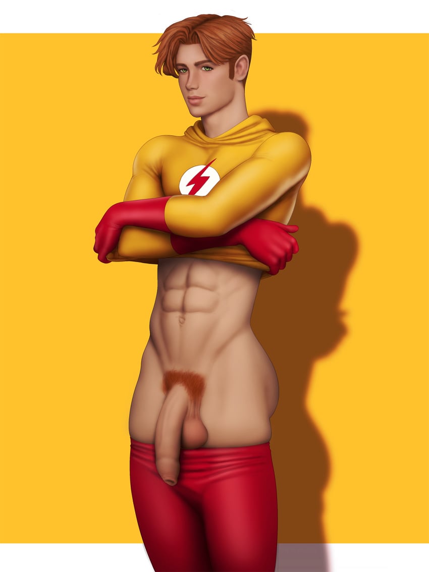 abs bart_allen big_cock big_penis caucasian caucasian_male changing_clothes dc drawnpr0n flaccid flaccid_penis huge_cock huge_cock kid_flash pants_down red_hair shirt_lift superhero taking_clothes_off teen_boy uncut young_justice