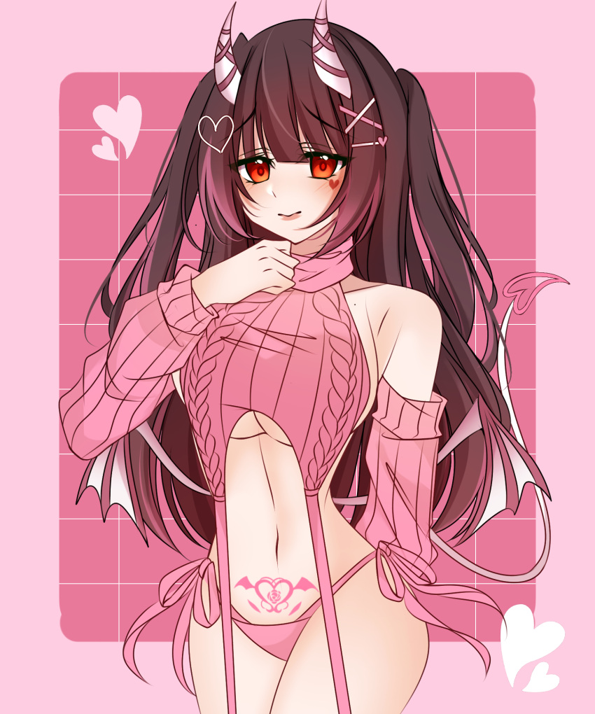 1girls bare_shoulders blush chibi_(chibipower) chibipower hairclip heart_hair_ornament heart_tattoo looking_at_viewer pink_panties pubic_tattoo ribbons shy stomach succubus succubus_horns succubus_tail succubus_wings underboob virgin_destroyer_sweater virtual_youtuber vtuber