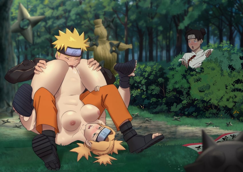 1boy 2girls after_battle black_hair blonde_hair blush breasts caught caught_in_the_act closed_eyes cuckquean cunnilingus devouring_pussy highres multiple_girls naruto naruto_(series) naruto_shippuuden ninja nipples nude oral peeping pussy sex shuriken spiked_hair temari tenten uzumaki_naruto weapon zanzagen