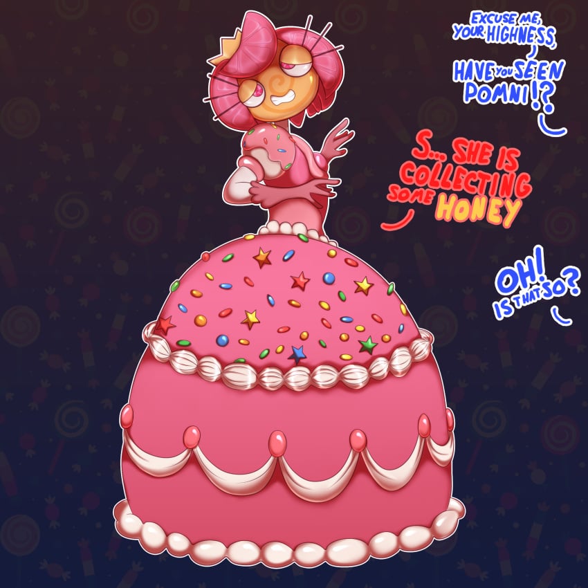 1female 1girls candy_princess dress female female_only glitch_productions gooseworx implied_oral implied_sex jtb_arts oddmachine oddrich pink_dress pink_eyes pink_hair pomni_(the_amazing_digital_circus) princess princess_loolilalu sfw text the_amazing_digital_circus