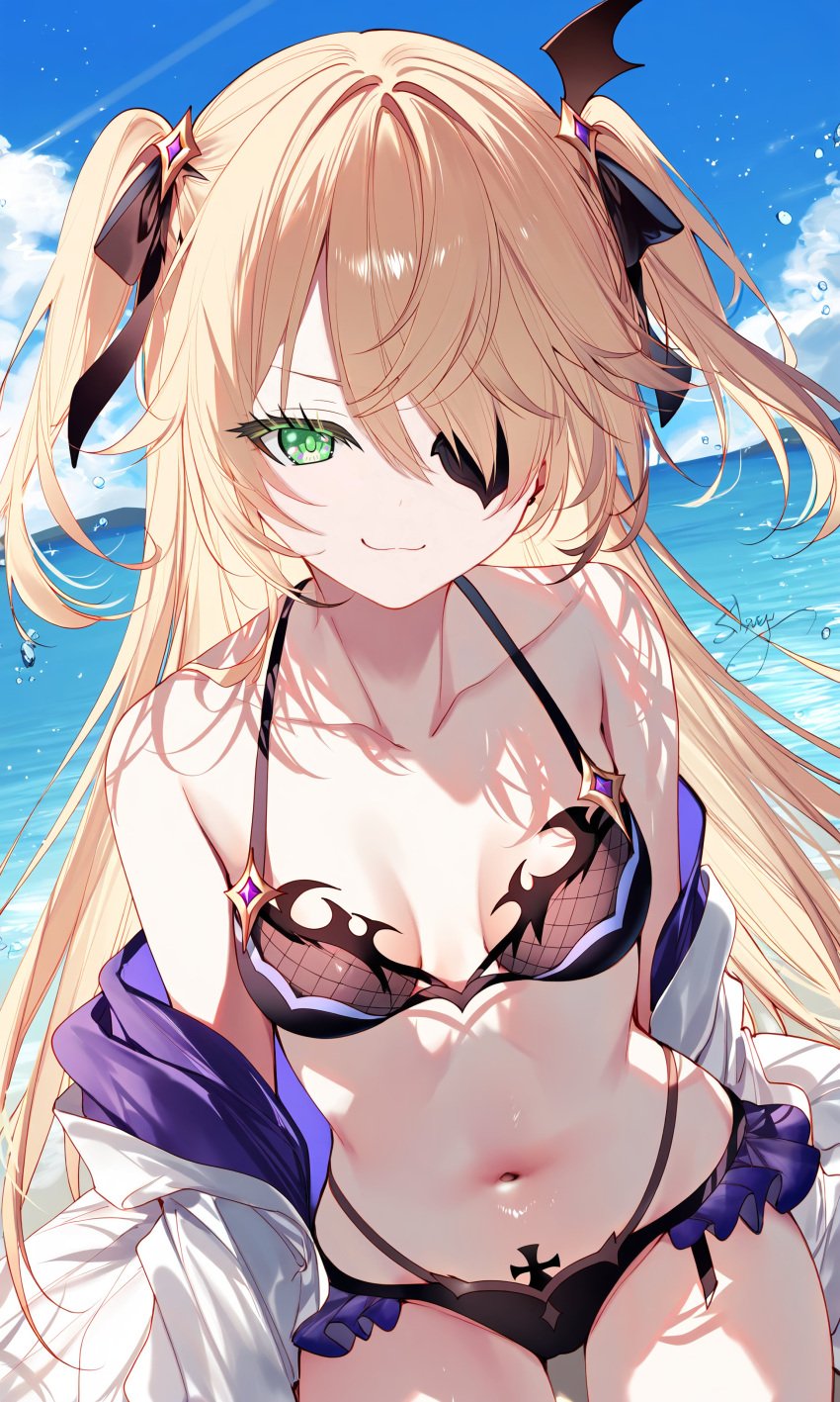 1girls ai ai_generated beach belly_button bikini bikini_bottom bikini_top blonde_hair clouds day eyepatch female female_focus female_only fischl_(genshin_impact) front_view genshin_impact green_eyes high_resolution highres light-skinned_female light_skin long_hair looking_at_viewer multi-strapped_bikini navel ocean outdoors pigtails poyon_na revealing_clothes revealing_swimsuit sky slim_girl small_breasts smiling smiling_at_viewer solo solo_female solo_focus standing summer swimsuit thong thong_bikini two_piece_swimsuit water young younger_female