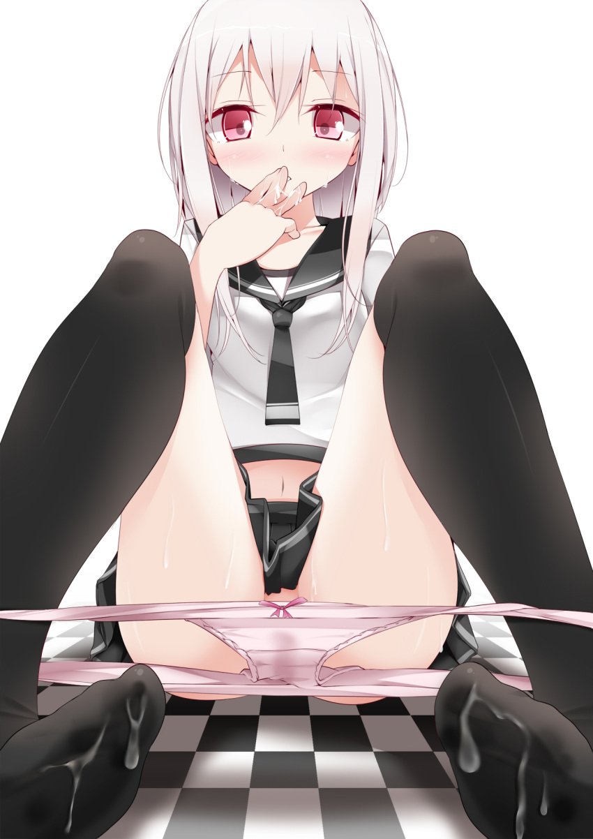 black_legwear blush checkered checkered_floor cum cum_on_body cum_on_lower_body feet hand_to_mouth highres looking_at_viewer navel no_shoes original panties panty_pull pink_panties pov red_eyes school_uniform serafuku silver_hair sitting skirt solo thighhighs underwear usotsukiya