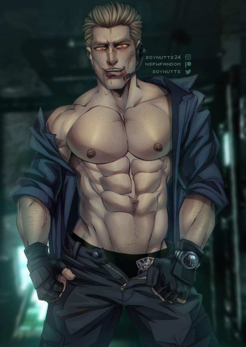 1boy albert_wesker bara blonde_hair capcom clothing daddy looking_at_viewer looking_down looking_down_at_viewer low-angle_view male male_nipples male_only male_pubic_hair manly mature_male muscular muscular_male nipples resident_evil solo soynutts underwear