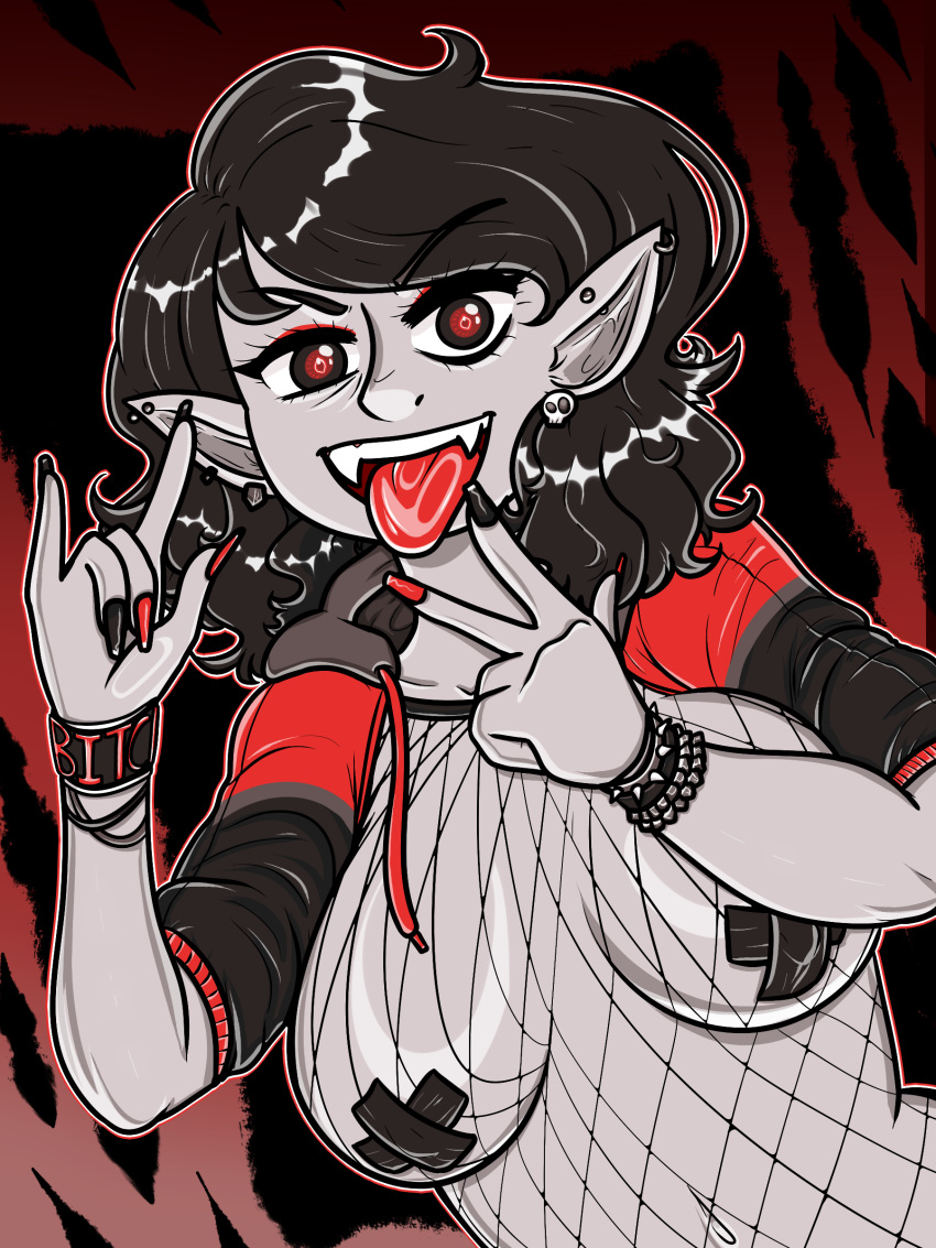 black_hair earrings fangs felinicanarchy fishnets highres long_nails nipple_tape original_character painted_nails peace_sign piercings pinup posing red_eyes self_upload short_hair tongue tongue_out vampire vampire_girl