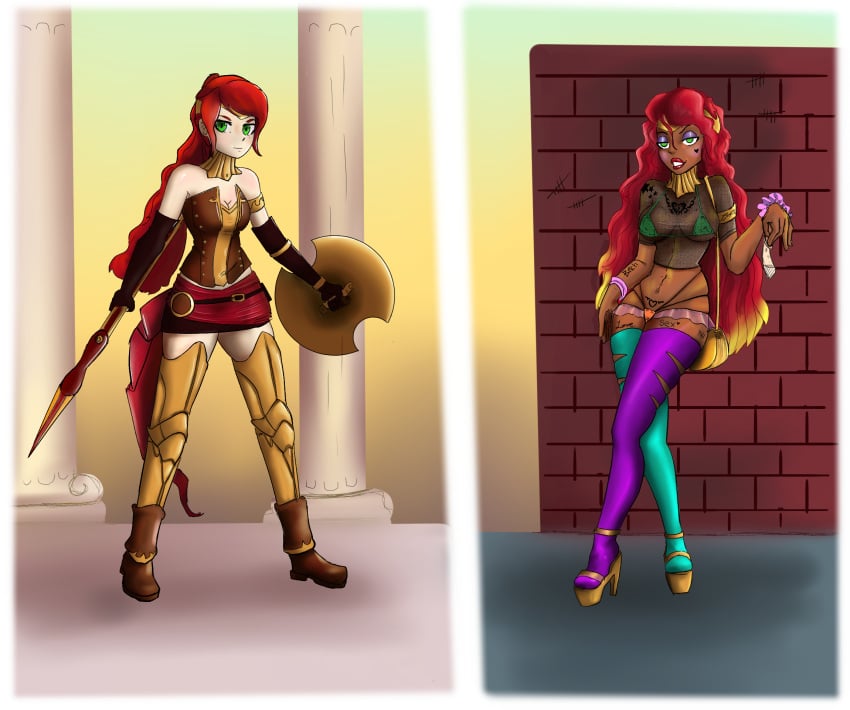 armor before_and_after bikini_top bimbo bimbofication breasts condom corruption ebonization ecchipoo-kun empty_eyes female_only femsub ganguro high_heels lipstick long_hair multicolored_hair ponytail prostitution pyrrha_nikos red_hair rwby shield spear tagme tan_skin tattoo thighhighs weapon