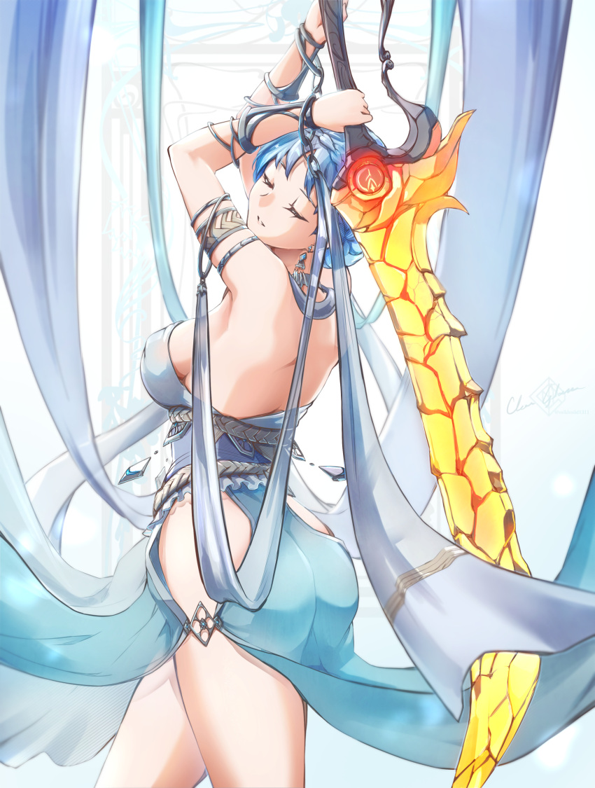 1girls alternate_costume armlet arms_up ass back backless_dress backless_outfit bare_back bare_shoulders big_ass blue_dress blue_hair blutgang_(fire_emblem) clear_glass_(mildmild1311) closed_eyes cowboy_shot dancer dancer_(fire_emblem:_three_houses) dress earrings female female_only fire_emblem fire_emblem:_three_houses highres holding holding_sword holding_weapon jewelry large_breasts marianne_von_edmund nintendo short_hair sideboob solo standing sword thighs weapon