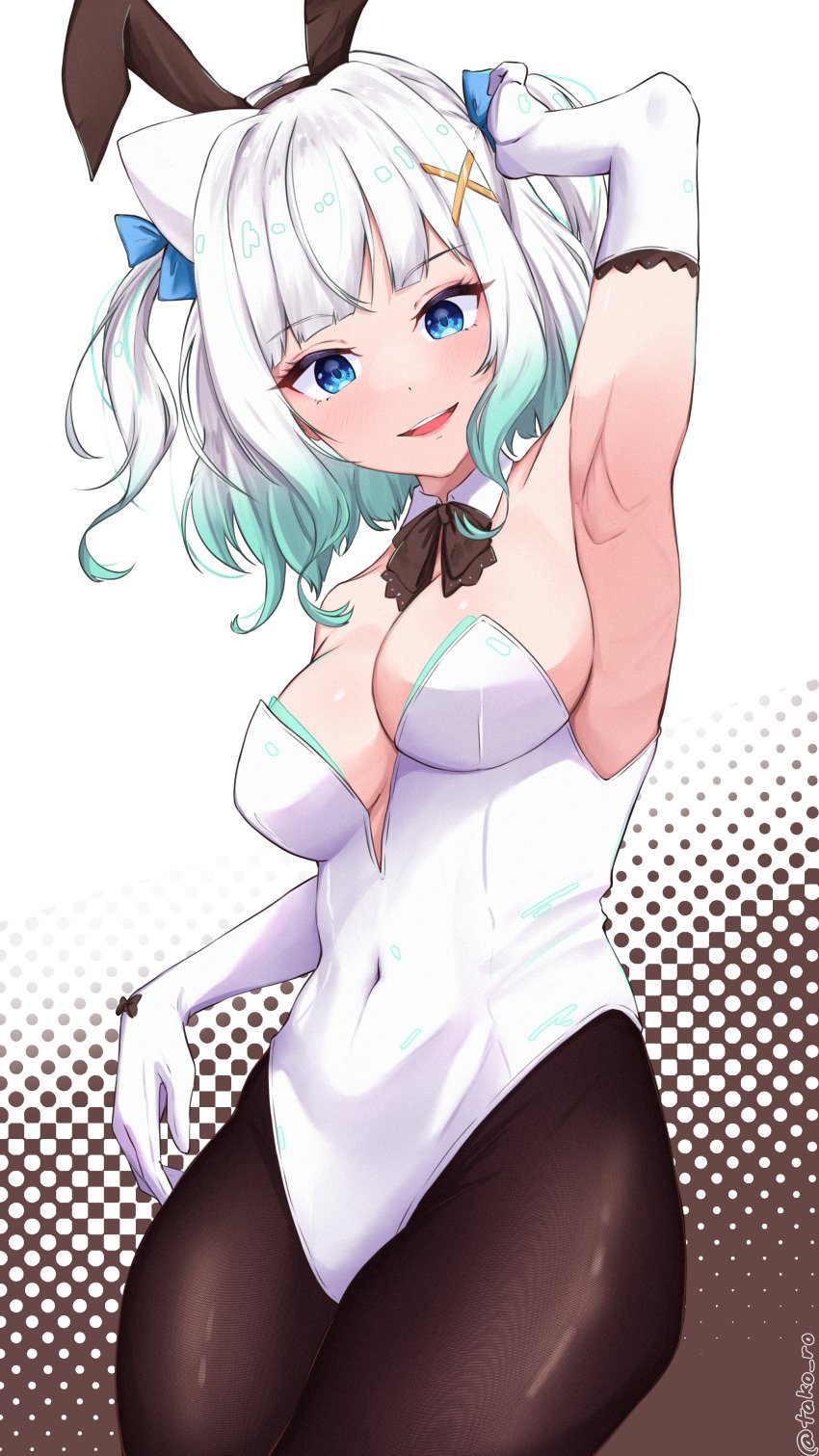 1girls arm_up armpit bare_armpit bare_shoulders big_breasts blue_eyes bunny_ears bunnysuit cleavage detached_collar exposed_armpit exposed_shoulders ghost_girl gradient_hair green_hair hair_ribbons hi_res highres indie_virtual_youtuber light_blush long_gloves medium_breasts mint_fantome one_arm_up ribbons solo solo_female solo_focus tako_ro twintails two_tone_hair virtual_youtuber white_hair x_hair_ornament