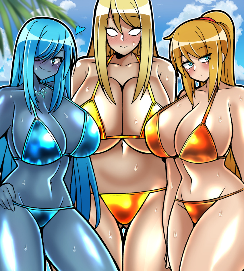 2024 3girls beach big_breasts bikini blonde_hair blue_hair dark_samus female_only huge_breasts iriomote_umineko metroid nintendo sa-x samus_aran tagme