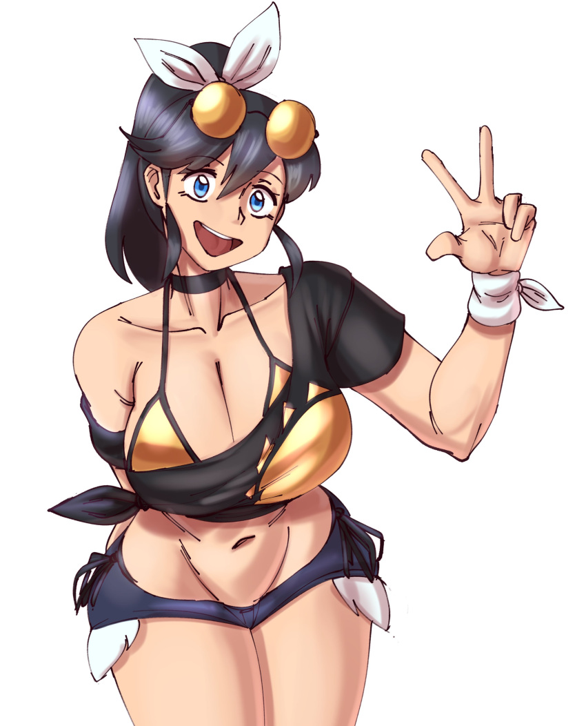 1girls bangs bangs_between_eyes belly belly_button bikini black_hair black_shirt blue_eyes bow_in_hair breasts choker cutout cutout_shirt denim_shorts female gold_bikini hair_between_eyes hair_ribbon hairbow jean_shorts large_breasts looking_at_viewer medium_hair midriff navel nonosamu open_mouth open_mouth_smile original original_character ponytail short_shorts short_sleeves side-tie_bikini sidelocks solo sunglasses sunglasses_on_head sunny_(nonosamu) swept_bangs teeth thighs tied_hair tied_shirt updo upper_body v white_background white_bow white_hair_bow white_ribbon wrist_band wristband