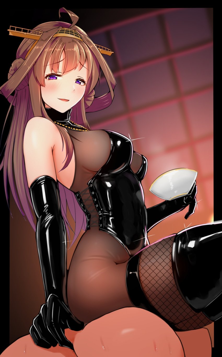 1other ahoge anal_fingering ass black_border black_gloves black_leotard black_thighhighs bodystocking bondage bondage_outfit border breasts brown_hair cup dominatrix double_bun elbow_gloves female femdom fingering fishnet_thighhighs fishnets from_side glint gloves hair_bun hair_ornament highres holding holding_cup kantai_collection katsuten kongou_(kantai_collection) latex latex_gloves latex_leotard leotard long_hair looking_at_viewer male_penetrating malesub medium_breasts out_of_frame parted_lips purple_eyes sitting sitting_on_person solo_focus sweat thighhighs very_long_hair