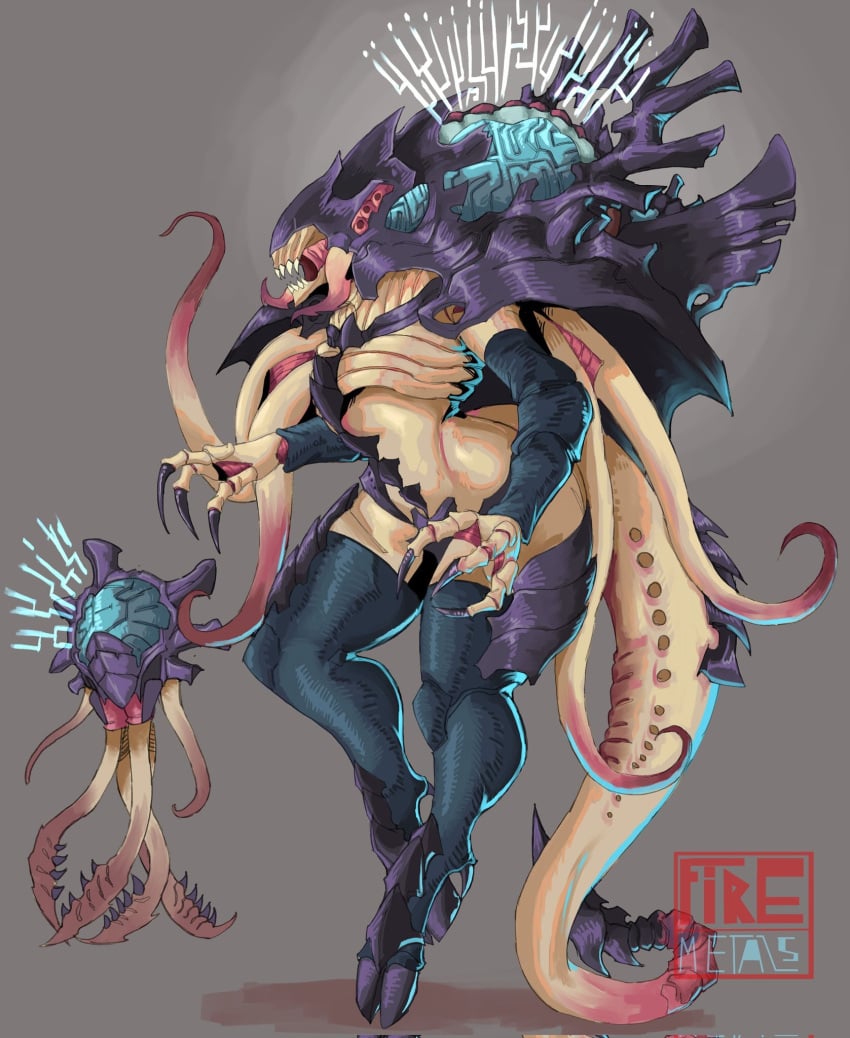 alien big_ass big_brain carapace claws exposed_brain fangs firemetal floating hovering humanoid_monster jaw jaws neuroloid neurotyrant no_eyes psychic psychic_energy psychic_powers sharp_teeth spikes tentacle thick_thighs tyranid unusual_anatomy warhammer_(franchise) warhammer_40k wide_hips