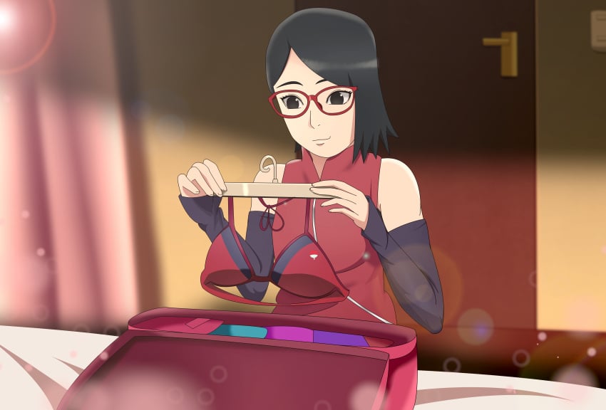 arm_warmers bag bikini bikini_top black_eyes black_hair boruto:_naruto_next_generations clothing dress eyewear fully_clothed glasses holding_bikini holding_bikini_top holding_object long_hair looking_at_object micro_bikini naruto naruto_(series) optimystic revealing_swimsuit sarada_uchiha shirt skimpy skimpy_bikini sleeveless sleeveless_dress solo solo_focus swimsuit teen teenage_girl teenager trying_on_clothes uchiha_sarada uchiha_symbol upper_body