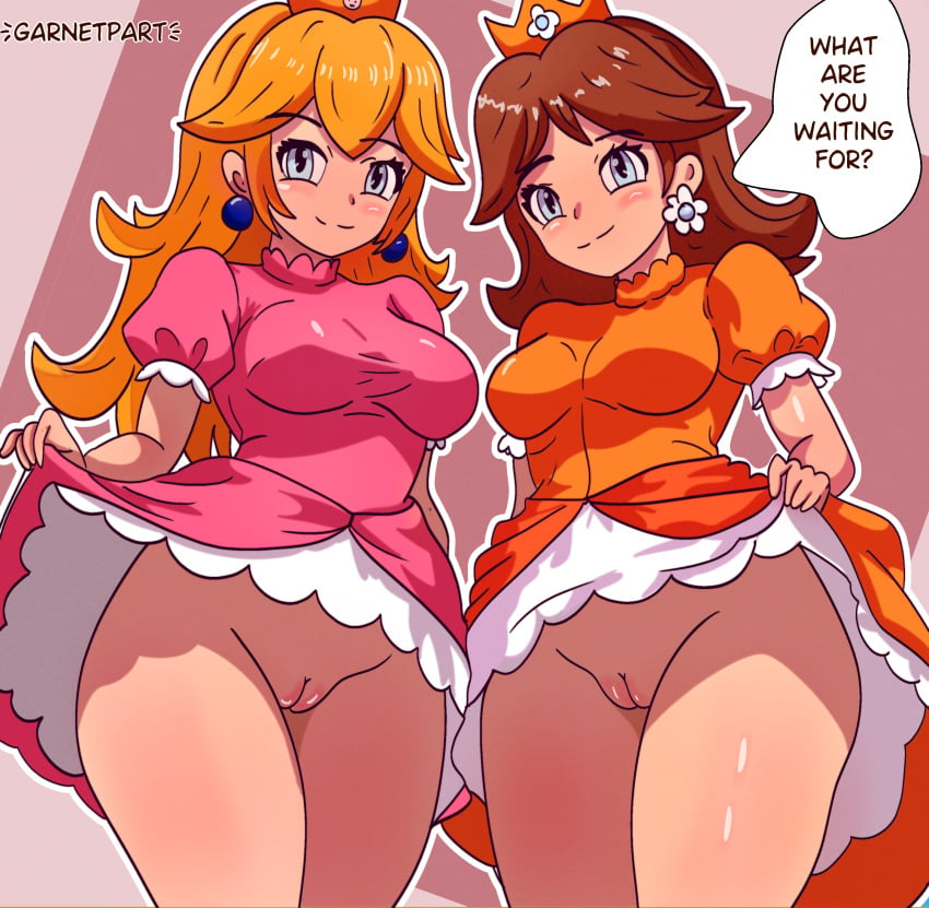 2024 2girls blonde_hair blue_eyes breasts brown_hair crown dress dress_lift earrings english_text female female_only garnetpart long_hair looking_at_viewer mario_(series) multiple_girls nintendo princess_daisy princess_peach pussy shiny_skin smile text thighs