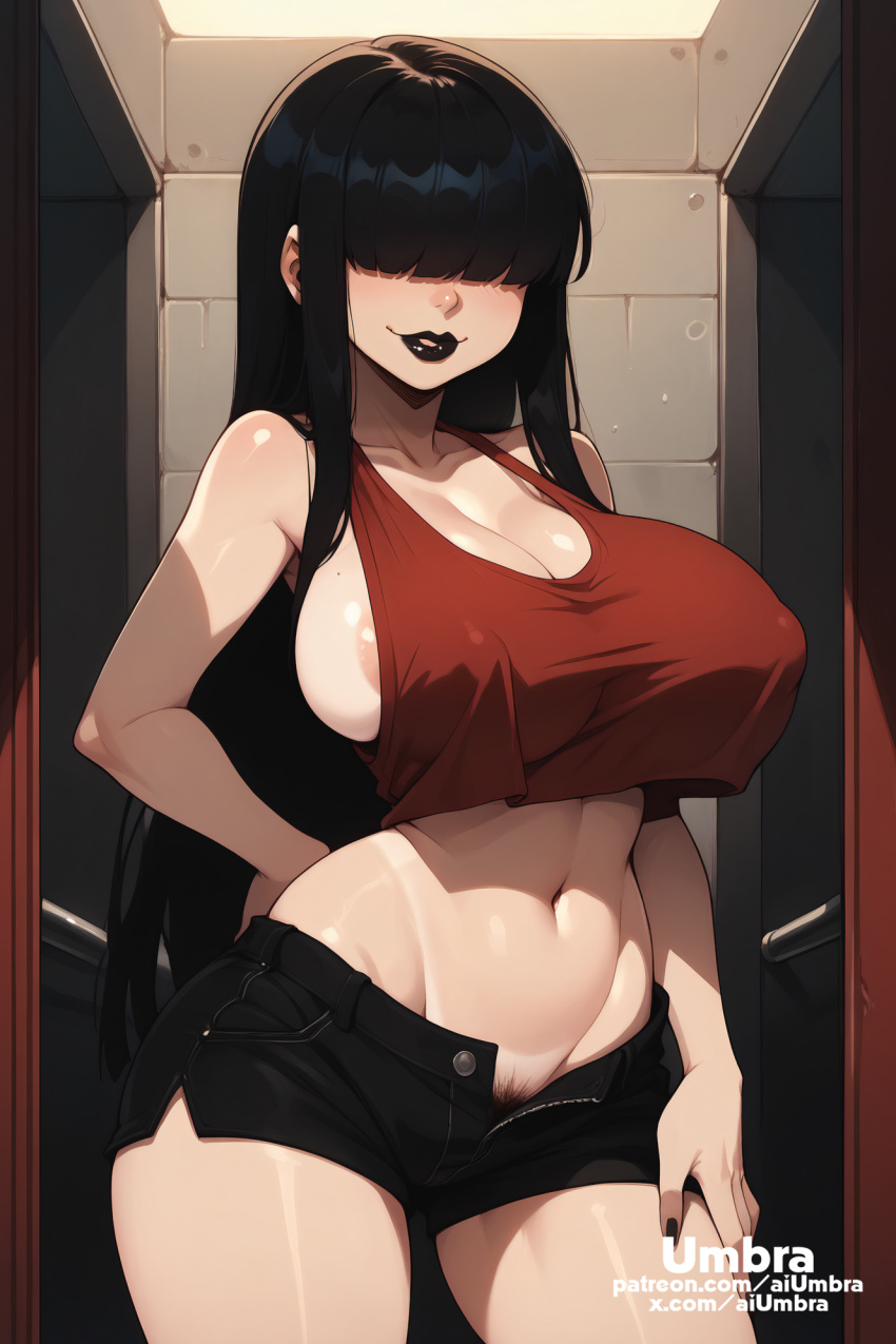 1girls ai_generated aiumbra black_hair black_lipstick breasts covered_eyes goth goth_girl grin high_resolution highres horny huge_breasts large_breasts lipstick naughty_face pubic_hair self_upload sideboob smile smug stable_diffusion stomach tan_body tanline zanna_(aiumbra)