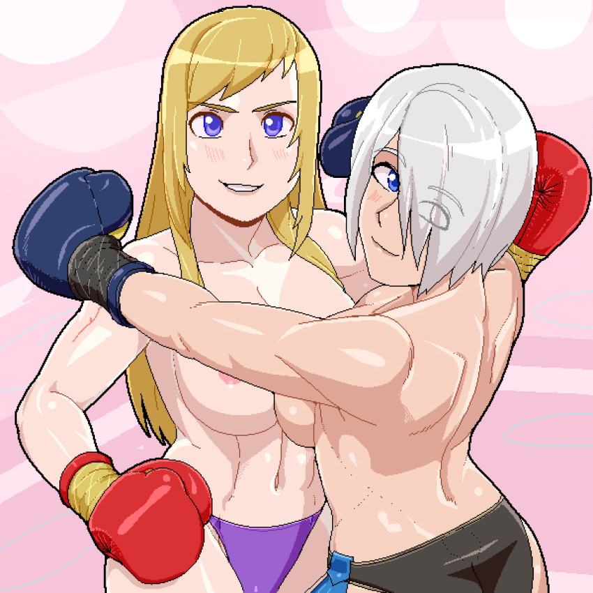 2girls angel_(kof) areola_slip ass big_breasts blonde_hair blue_eyes bonne_jenet boxing boxing_gloves breast_press breasts busty curvy fatal_fury female female_only garou:_mark_of_the_wolves gloves grey_hair hair_over_one_eye hand_on_hip hi_res hug king_of_fighters large_breasts legs light-skinned_female light_skin long_hair looking_at_viewer looking_back multiple_girls navel navy_blue_boxing_gloves navy_blue_gloves oekaki panties parted_lips pink_lips pugilismx red_boxing_gloves red_gloves sensual short_hair sideboob smile snk source_request thighs toned topless underwear