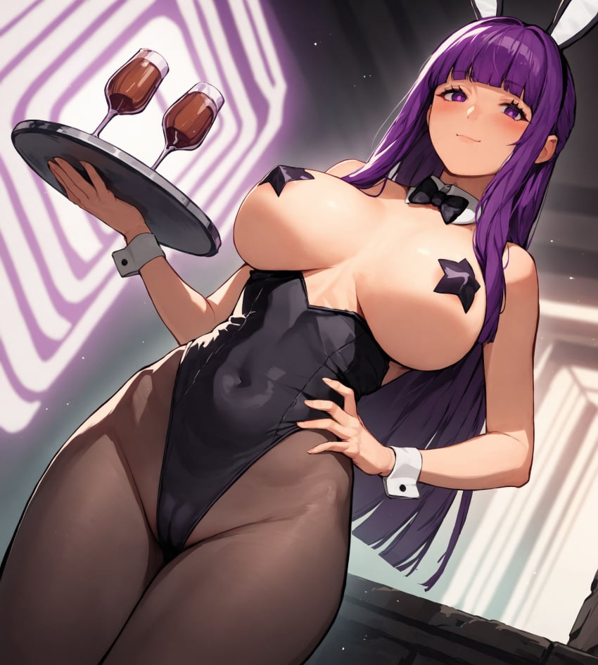 1girls ai_generated alcohol alex-schura alternate_breast_size alternate_costume arm_support bar bar_(place) bare_arms bare_breasts bare_chest bare_shoulders big_breasts blunt_bangs blush blush_lines bowtie brown_hair bunny_ears bunny_girl bunnysuit cleavage covered_nipples cowboy_shot detached_collar detached_sleeves drink exposed_breasts fake_animal_ears fern_(sousou_no_frieren) glass hime_cut holding_object hourglass_figure huge_breasts indoors large_breasts leotard leotard_aside leotard_pull light-skinned_female light_skin matching_hair/eyes nai_diffusion no_bra pantyhose pasties presenting presenting_breasts purple_eyes purple_hair revealing_clothes ribbon showing_breasts skimpy skimpy_clothes slim_waist smile solo sousou_no_frieren stable_diffusion star_(symbol) star_pasties strapless_leotard tray very_long_hair voluptuous wide_hips