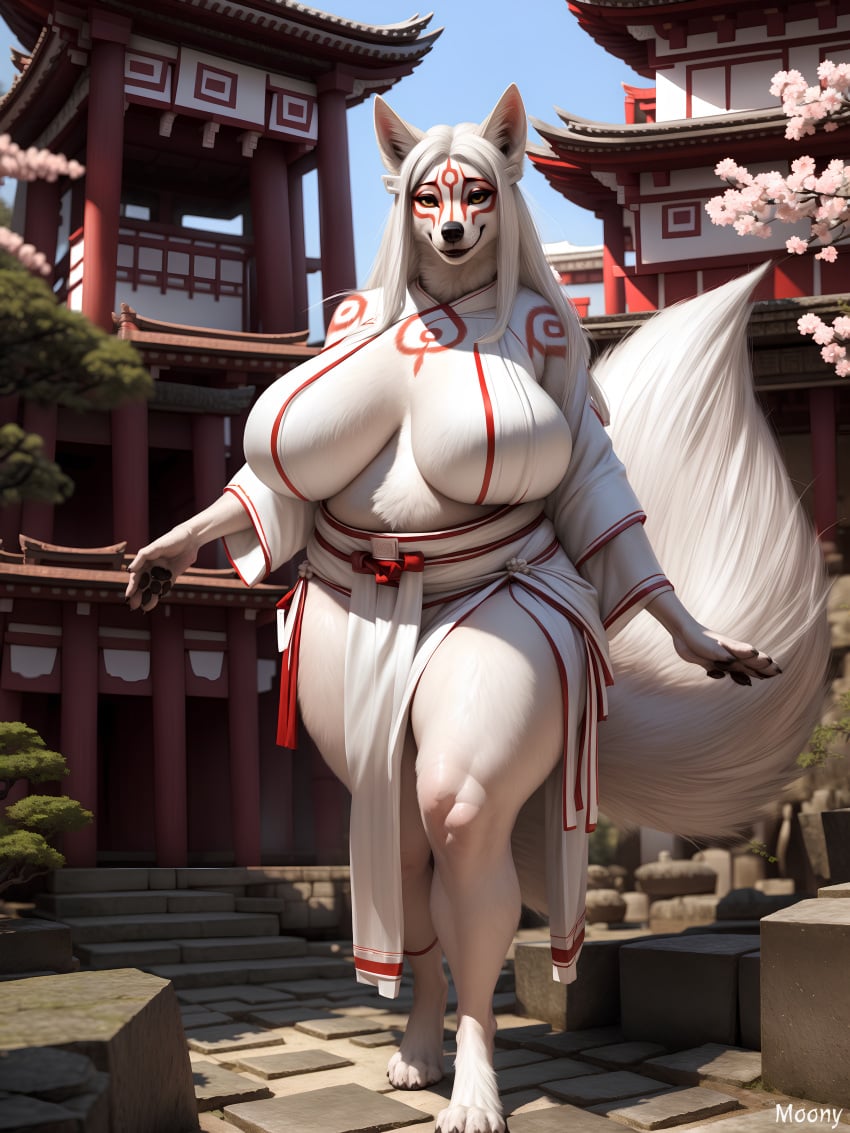 absurd_res ai_generated amaterasu amaterasu_(okami) amber_eyes anthro asian_clothing big_breasts black_eyes blue_sky breasts cherry_blossom clothed clothing curvaceous curvy_figure day digitigrade east_asian_clothing facial_markings female fur fur_markings furry furry_female garden hair handpaw head_markings hi_res huge_breasts japanese_architecture japanese_clothing long_hair looking_at_viewer markings okami okami_(capcom) open_clothing orange_sclera outdoors outside paws plant robe sagging_breasts sky smile smiling_at_viewer solo stable_diffusion standing temple thick_thighs tree voluptuous watermark white_body white_fur white_hair wide_hips