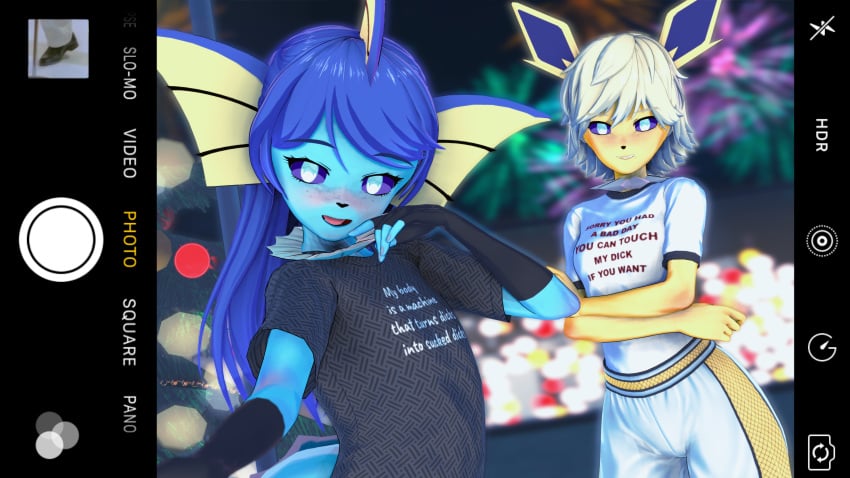 1boy 1girls 2024 3d_(artwork) anthro blonde_hair blue_hair blush brother_and_sister female femboy finn_(lloydltz) fireworks game_freak jolteon koikatsu lloydltz looking_at_camera male meme_attire meme_clothing night_sky nikola_(lloydltz) nintendo phone_screen pokemon pokemon_(species) selfie sfw siblings smile smirk tail tomboy vaporeon