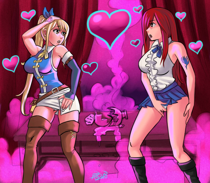 2girls absurdres blonde_hair blue_tattoo blush boots breasts brown_eyes charm_(spell) clothed erza_scarlet fairy_tail fairy_tail_mark female_only femsub hair_covering_one_eye heart hypnotic_gas large_breasts lesbianization long_hair love_potion lucy_heartfilia masturbation miniskirt multiple_girls multiple_subs pink_tattoo psicoero red_hair sexuality_change side_ponytail skirt straight_to_gay straight_to_lesbian tattoo tattoo_on_arm tattoo_on_hand tattooed_arm tattooed_hand thighhighs yuri