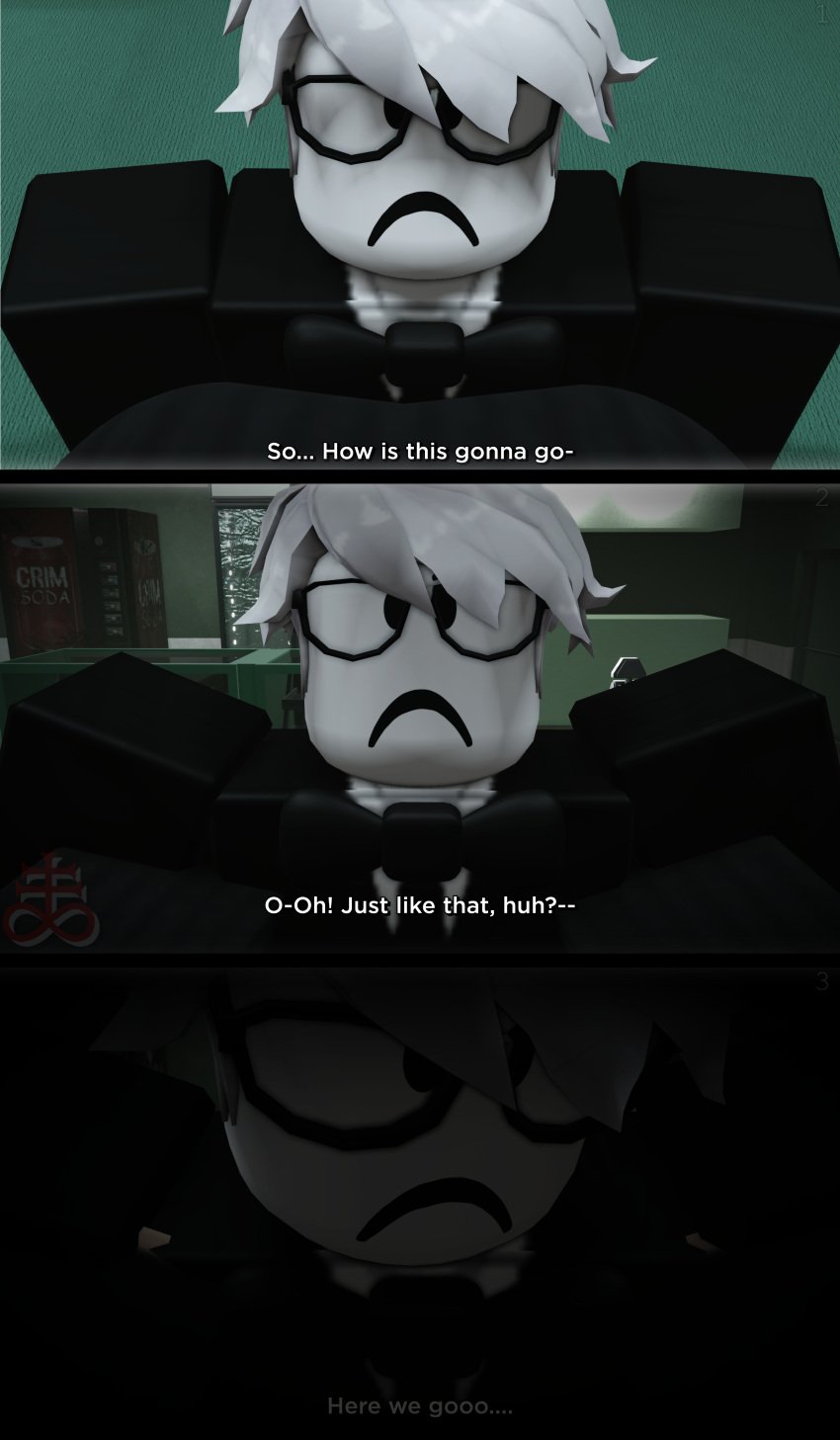 3d bowtie brimstone_rr34 business_suit cafe close-up clothed comic comic_page criminality dialogue frown glasses hair kayden_(brimstone_rr34) lifting_person pov pred_pov roblox split_screen talking_to_another talking_to_self text vore white