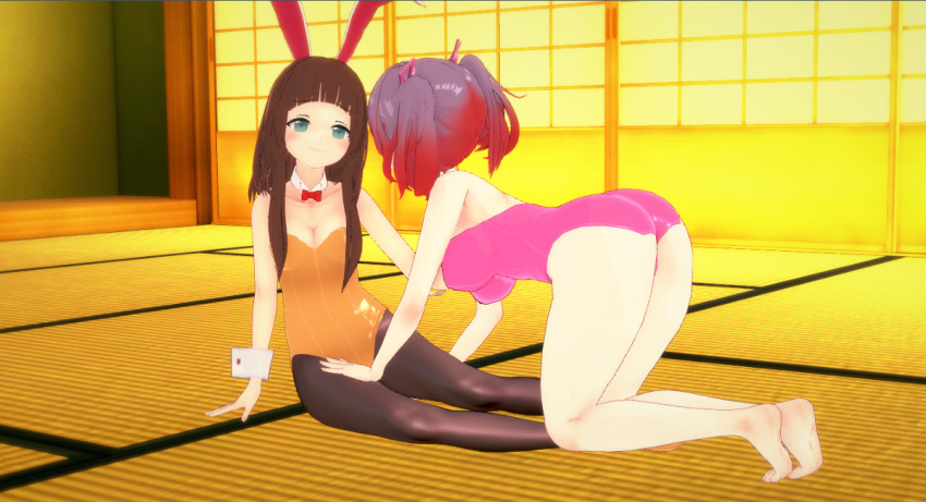 2girls 3d blue_eyes brown_hair bunnysuit danganronpa danganronpa_another fanganronpa female_only nervous nijiue_iroha otonokoji_kanade purple_hair sdra2 super_danganronpa_another_2