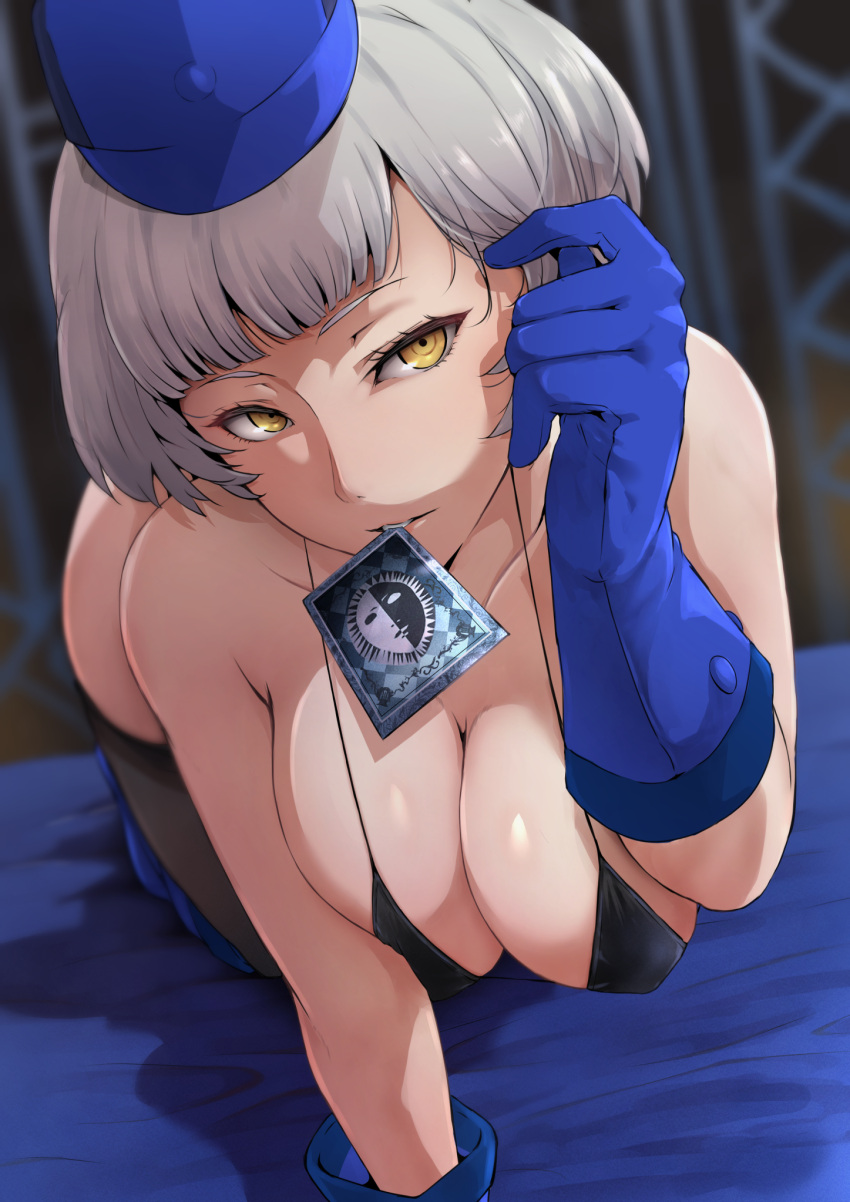 adjusting_hair all_fours alpha-type bikini bikini_top_only black_bikini black_thighhighs blue_gloves blue_hat blurry blurry_background breasts card_in_mouth cleavage commentary_request elbow_gloves elizabeth_(persona) female gloves grey_hair hat highres indoors large_breasts looking_at_viewer mouth_hold persona persona_3 short_hair solo string_bikini swimsuit thighhighs yellow_eyes