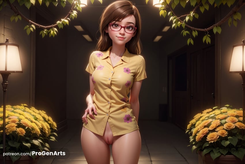 1girls ai_generated bottomless brown_eyes brown_hair disney earrings female inside_out jill_andersen looking_at_viewer naked naked_female nude nude_female pixar pixar_mom progenarts pussy slim_waist solo vagina