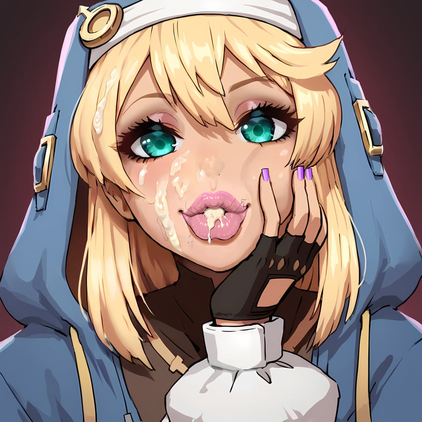 ai_generated alternate_version_available big_lips bimbo bimboports(ai) blonde_hair bridget buchukisu cheek_squish cum cum_in_hair cum_in_mouth cum_on_face cum_on_nose femboy guilty_gear guilty_gear_strive hand_on_head hoodie lipstick looking_at_viewer nail_polish pink_lipstick stray_pubic_hair thick_lips