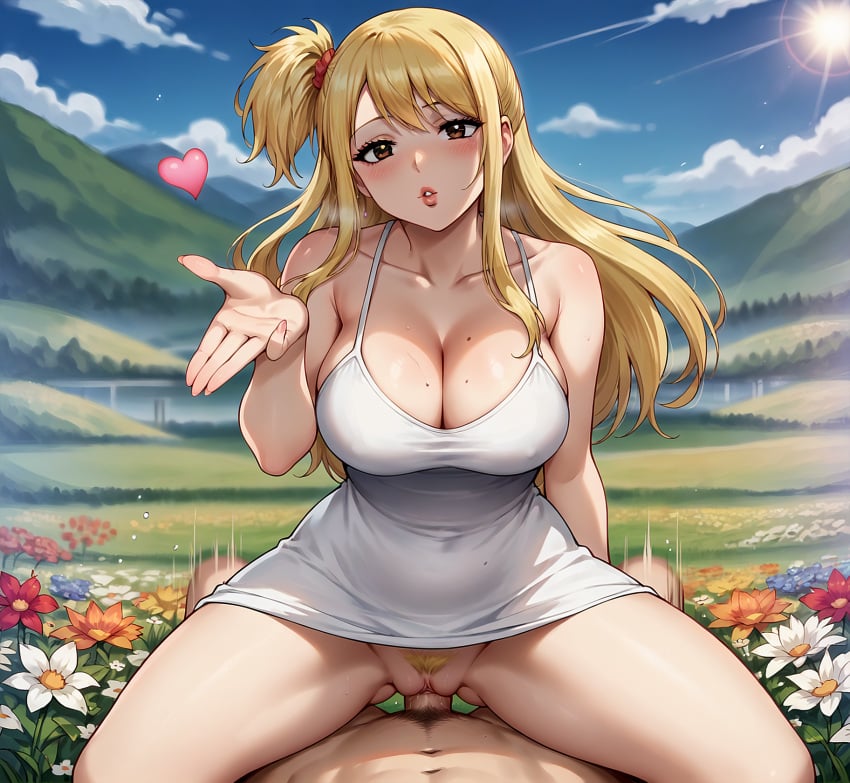 1boy 1girls ai_generated blowing_kiss blush breasts cleavage clothed_sex cowgirl_position dress dress_up fairy_tail flower large_breasts lucy_heartfilia no_panties outdoors outside payop penis pony_diffusion_xl pov pubic_hair pussy sex sundress uncensored vaginal_penetration vaginal_sex