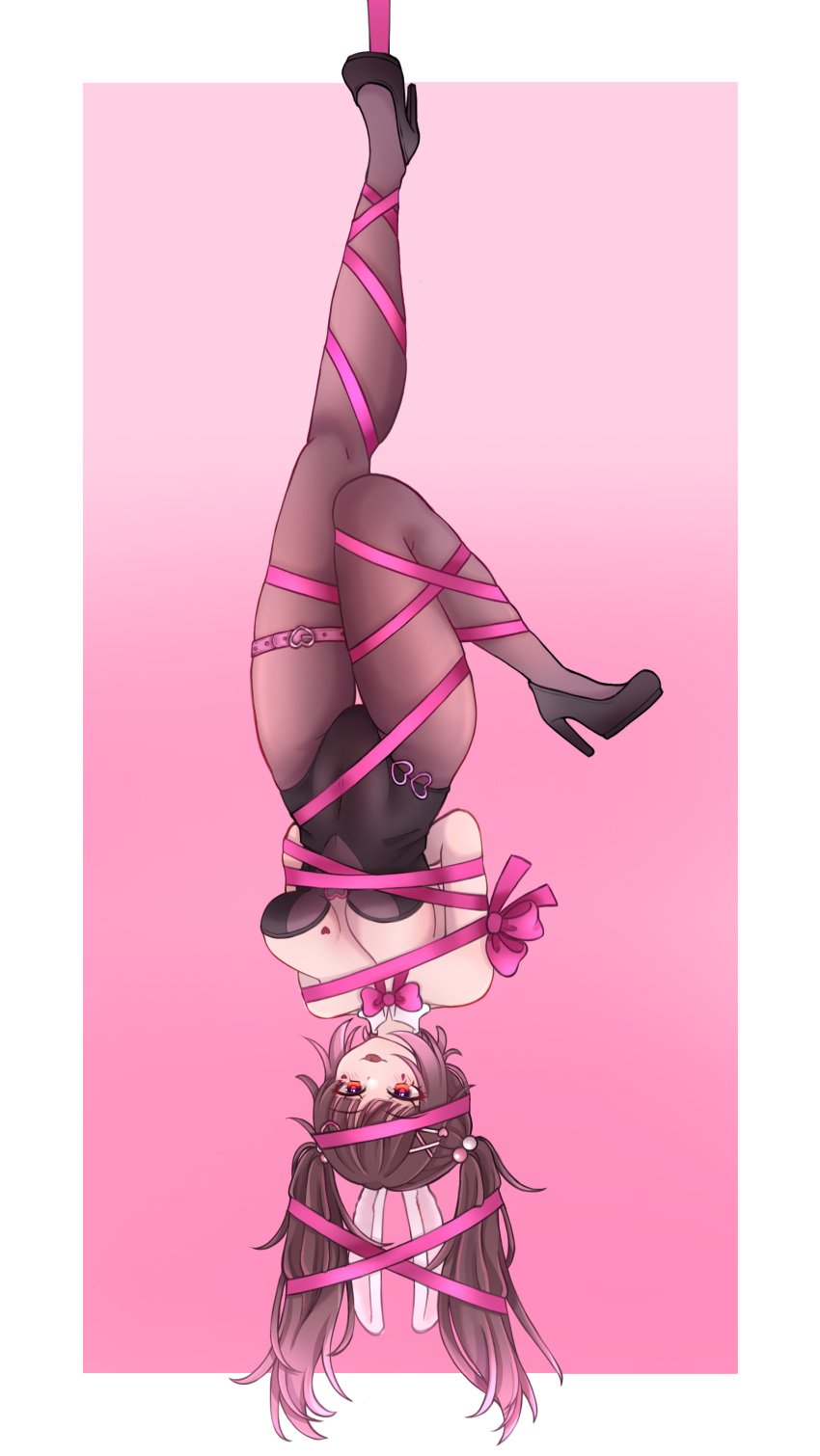 1girls black_bunnysuit black_high_heels brown_hair bunny_ears bunnysuit chibi_(chibipower) chibipower cleavage hairclip hanging hanging_by_feet heart_hair_ornament heart_tattoo high_heels leg_choker looking_at_viewer pink_bunny_ears pink_ribbon rabbit_hole_(vocaloid) red_eyes ribbon smug_grin stockings succubus tied_up tongue_out twintails upside-down virtual_youtuber vtuber