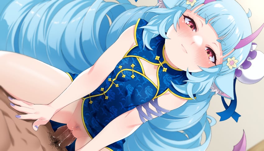 animal_humanoid blue_hair blush bodily_fluids breasts censored colored_nails cum delmin_(show_by_rock!!) demon demon_humanoid dominant dominant_female dragon dragon_humanoid duo female genital_fluids genitals hair hi_res horn horned_humanoid human humanoid long_hair male male/female mammal meme_(pixiv) mythological_creature mythological_scalie mythology nails penis pubes red_eyes riding sanrio scalie sex show_by_rock!! small_breasts