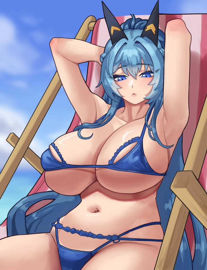 arapanchi arms_behind_head beach_chair bikini bikini_under_clothes blue_bikini blue_eyes blue_hair braid breasts closed_mouth day female frown gloves goddess_of_victory:_nikke hair_intakes headgear helm_(aqua_marine)_(nikke) helm_(nikke) huge_breasts light_blush long_hair looking_at_viewer official_alternate_costume outdoors ponytail sitting solo swimsuit white_gloves