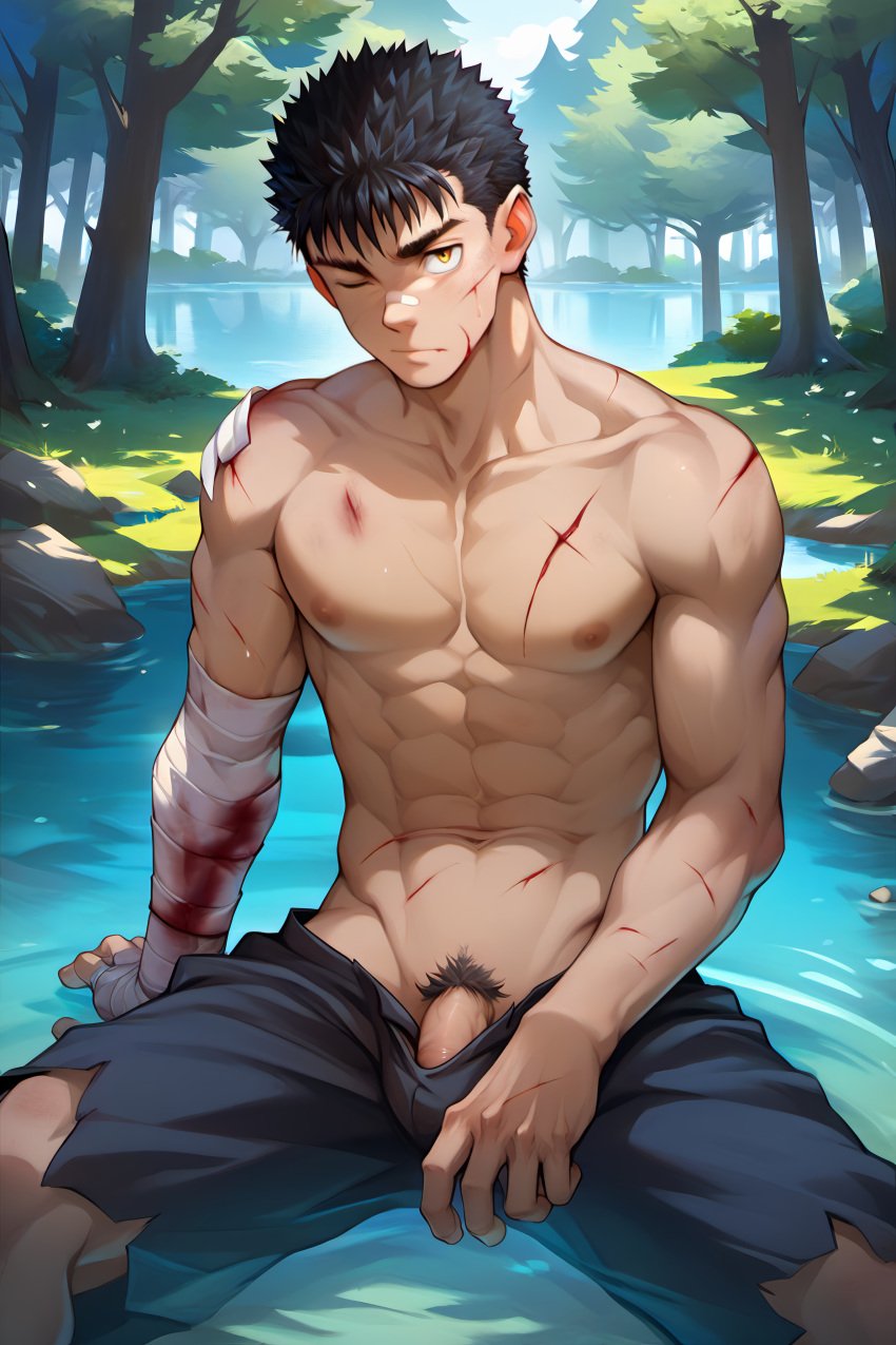 1boy abs ai_generated bandaged_arm belmark_boy berserk blood guts_(berserk) hi_res looking_at_viewer male male_focus male_only muscular muscular_male one_eye_closed outdoors penis penis_peek pubic_hair scars sitting solo