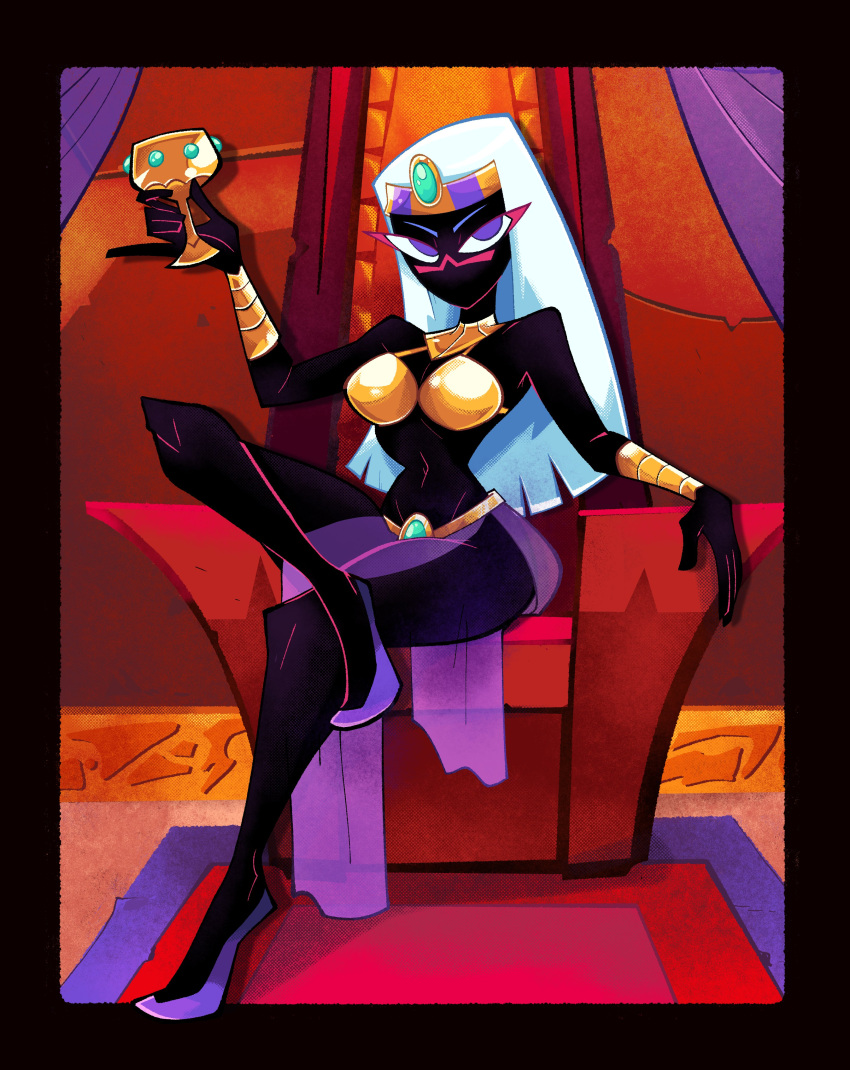 1girls alien alien_girl bikini_top black_skin bracelets curvy duck_dodgers goblet gold_(metal) herny legs looney_tunes martian martian_(duck_dodgers) purple_eyes queen_tyr'ahnee sitting sitting_on_throne small_waist throne warner_brothers white_hair