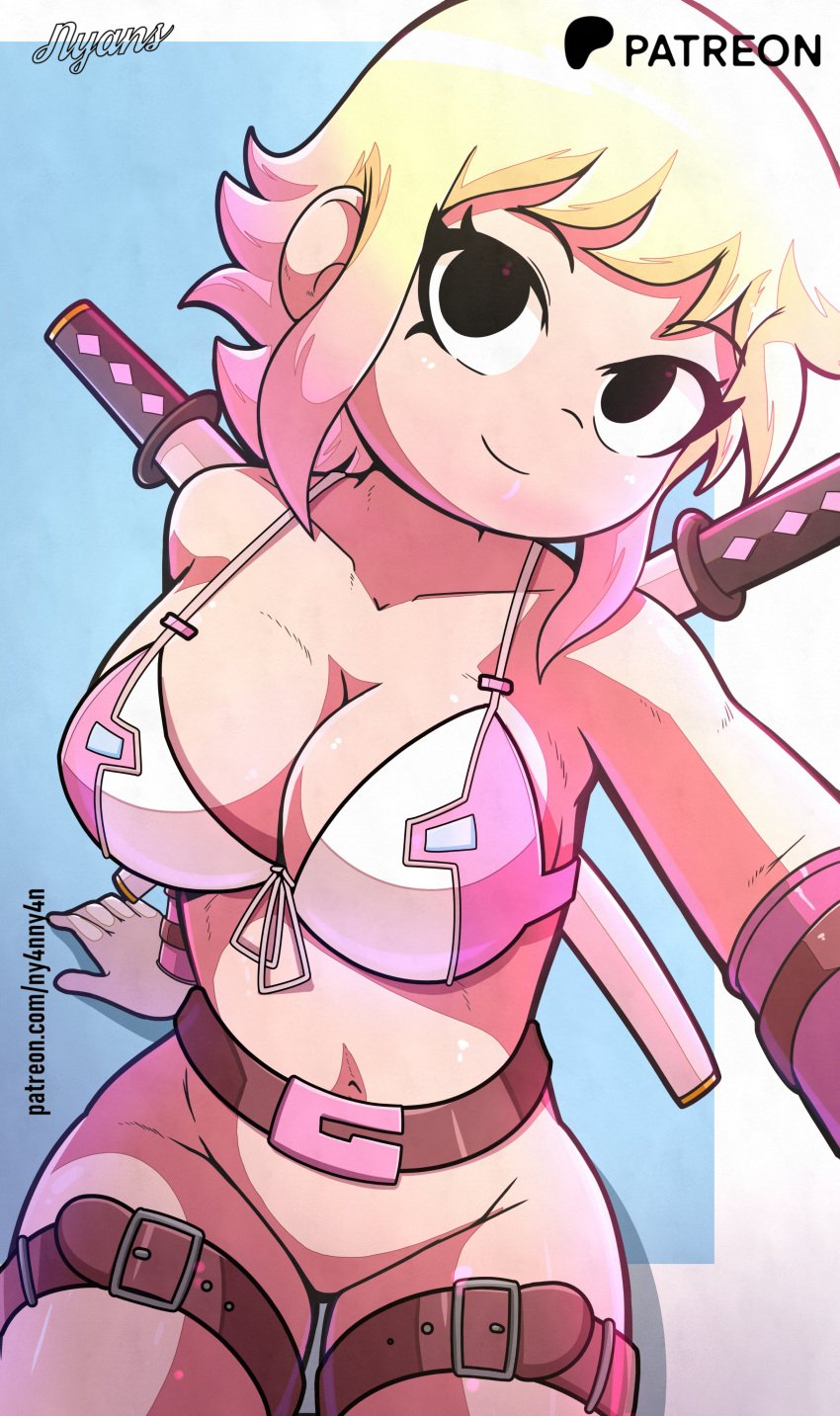 1girls belt black_eyes blonde_hair bra cosplay female gloves gwenpool_(cosplay) katana marvel marvel_comics no_visible_genitalia ny4nny4an partially_clothed pink_hair ramona_flowers scott_pilgrim selfie short_hair solo solo_female straps two_tone_hair weapon