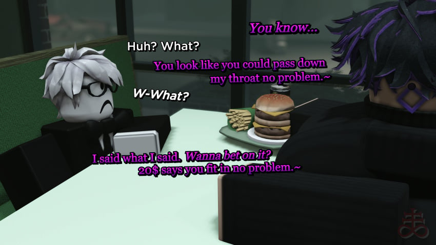 3d bet betting black_sweater bowtie brimstone_rr34 business_suit busty_boy cafe clothed comic comic_panel criminality dialogue earrings fat fat_ass food frown glasses hair kayden_(brimstone_rr34) purple_hair roblox sitting_at_table sweater talking_to_another text thick_legs turtleneck turtleneck_sweater white