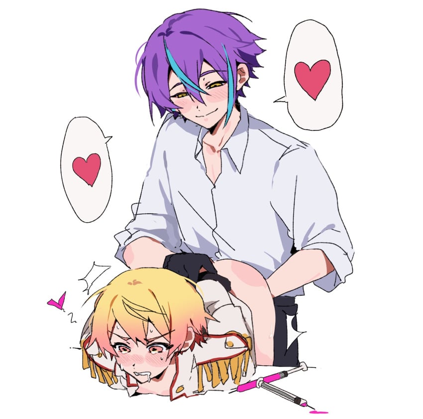 2boys blonde_hair blushing gay kamishiro_rui love_potion male male/male male_focus male_only male_penetrating needle officer project_sekai purple_hair smirking_dom tenma_tsukasa tied_hands tied_up yaoi yellow_eyes yellow_hair