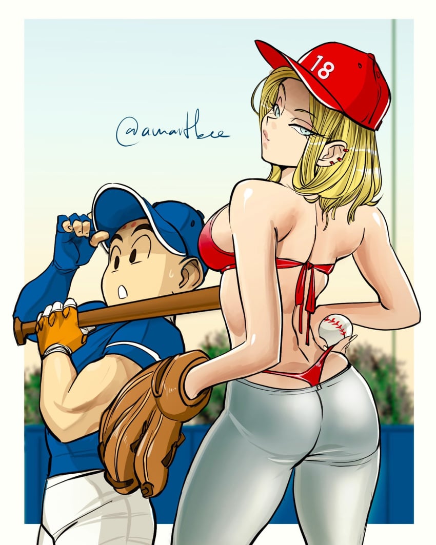 1boy 1girls amartbee android_18 artist_signature ass back_to_viewer bald baseball baseball_cap baseball_mitt baseball_uniform bikini blonde_hair blue_eyes canon_couple couple curvy dragon_ball dragon_ball_z female husband_and_wife krillin kuririn light-skinned_female light-skinned_male light_skin looking_over_shoulder male muscular_male pierced_ears short_male size_difference thong tight_pants whale_tail