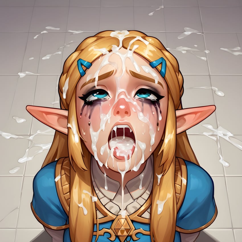 1girls after_bukkake ai_generated blonde_hair blue_eyes breath_of_the_wild bukkake crying cum cum_in_mouth cum_on_body cum_on_face cum_on_hair elf kneeling looking_at_viewer makeup mascara nintendo open_mouth pointy_ears princess_zelda runny_makeup smeared_makeup solo the_legend_of_zelda zelda_(breath_of_the_wild)