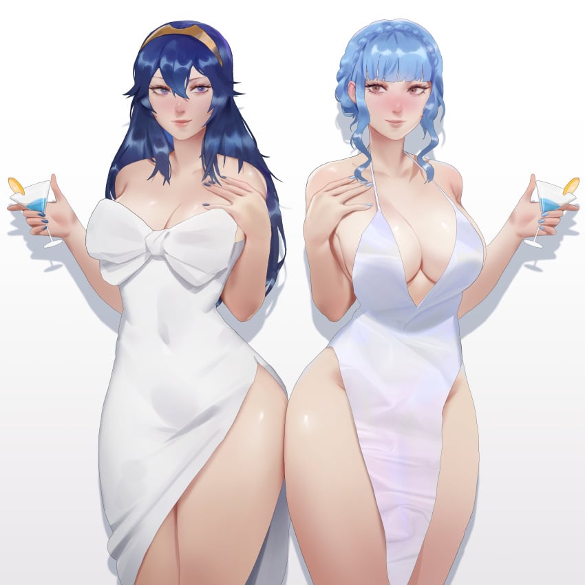 2girls alternate_costume blue_hair breasts drink female female_only fire_emblem fire_emblem:_three_houses fire_emblem_awakening leoquezadilla lucina_(fire_emblem) marianne_von_edmund nintendo