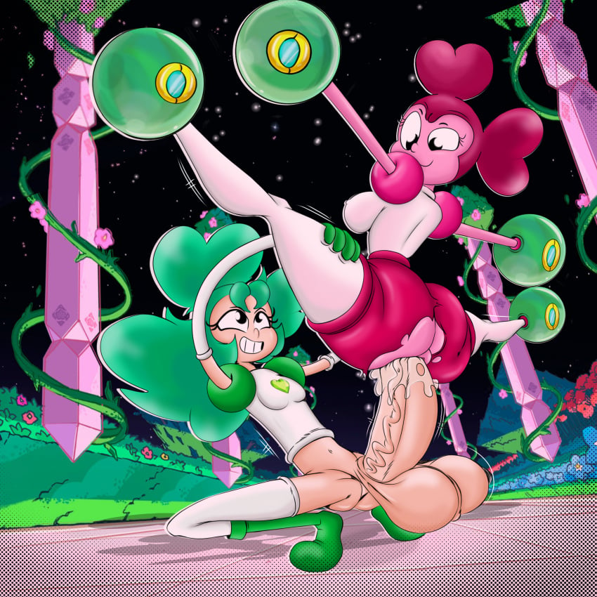 1futa 1girls big_balls cartoon_network edit edited futanari gem_(species) green_hair huge_butt huge_cock pink_hair pink_shorts spinel_(steven_universe) spinel_green steven_universe trapped