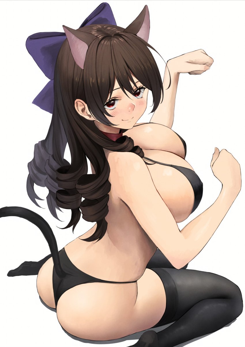 1girls arue_(konosuba) ass cat_ears cat_tail catsuit drill_hair highres izawa_(bhive003) kono_subarashii_sekai_ni_shukufuku_wo! large_breasts long_hair red_eyes ribbon tagme