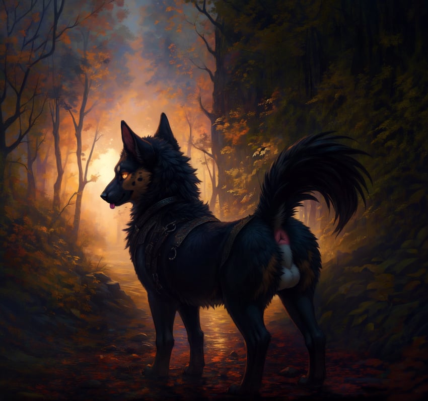 ai_generated anus ass autumn balls big_ears black_body black_fur blep blp brown_body brown_fur canid canine canis collar detailed detailed_background detailed_fur domestic_dog ears_up feral fluffy forest fur fur_markings genitals glowing glowing_eyes harness herding_dog hi_res light lighting male mammal markings multicolored_body multicolored_fur outside pastoral_dog perineum pink_anus plant quadruped raised_tail rock smug solo solo_focus standing sunrise three-quarter_view tongue tongue_out tree white_balls white_body white_fur white_perineum y_anus yellow_eyes